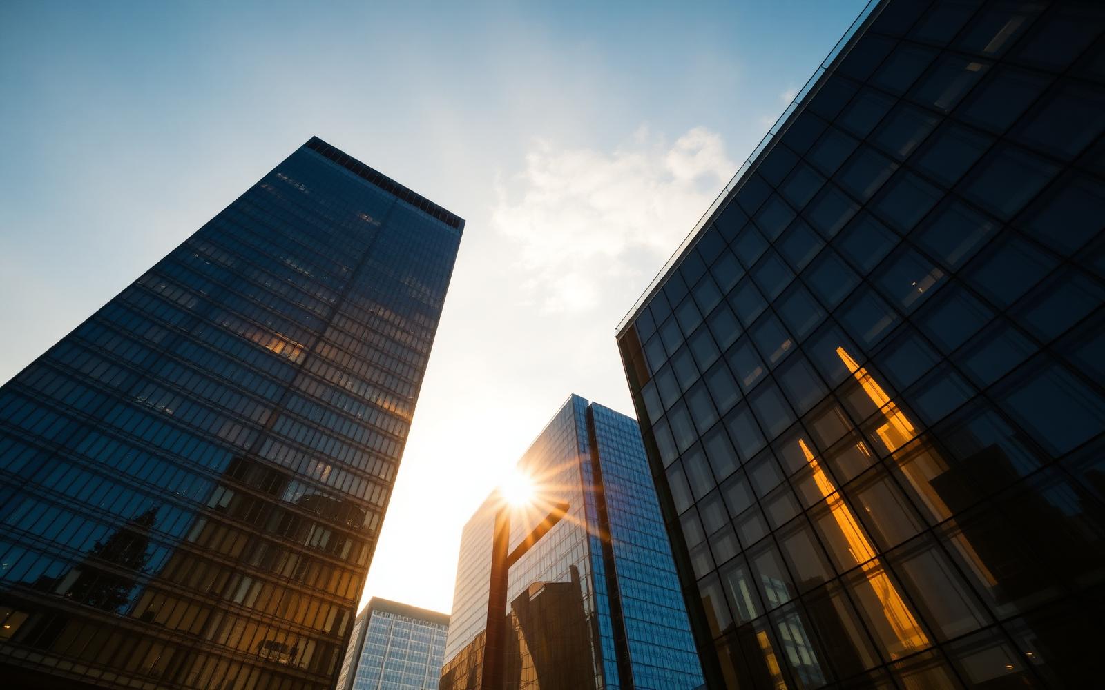 Glass office towers at golden hour